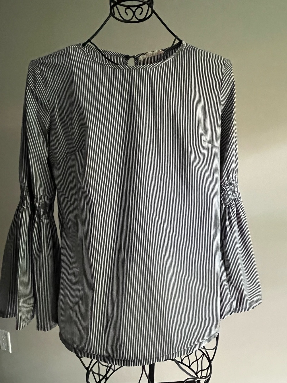 SOLITAIRE Women's Black and White Striped Bell Sleeve Top- so chic!